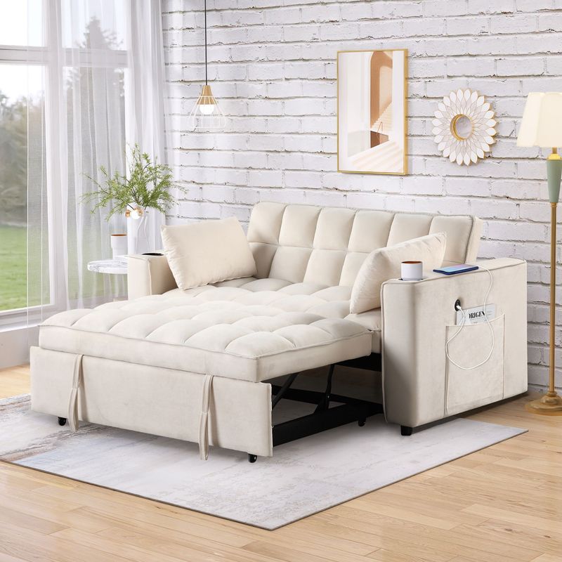 58" 4-1 Multi-functional Sofa Bed With Cup Holder And USB Port For Living Room Or Apartments_voghion.com