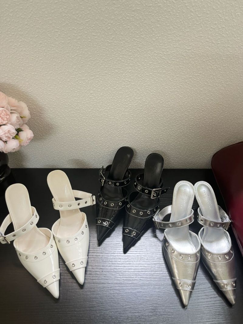 Lackleder Spitzgürtel Halbschuh Damen Sommer 2025 Neuer Stil Metallschnalle Schmaler Absatz High Heels_voghion.com