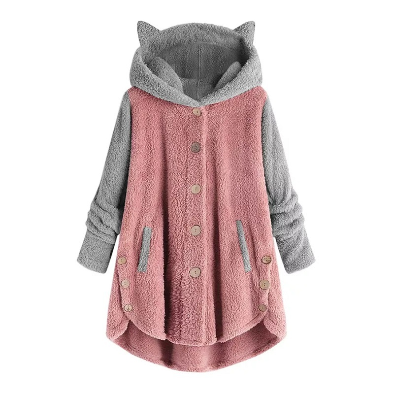 Women's Clothing Autumn And Winter Button Hooded Cat Ear Plush Top Irregular Trendy Brand Color Matching Jacket For Women_voghion.com
