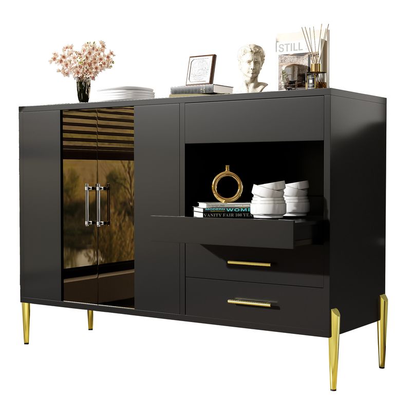 Credenza Schwarz Mit Tealfarbener Glastür, Kristallgriffen, Goldene Beine_voghion.com