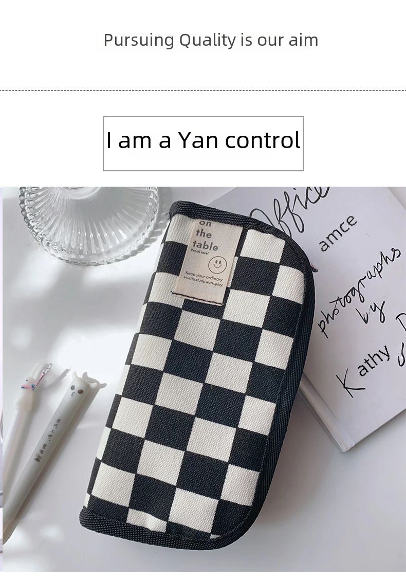 ins style black and white checkerboard pencil bag large capacity stationery bag canvas student simple high value pencil bag wholesale_voghion.com