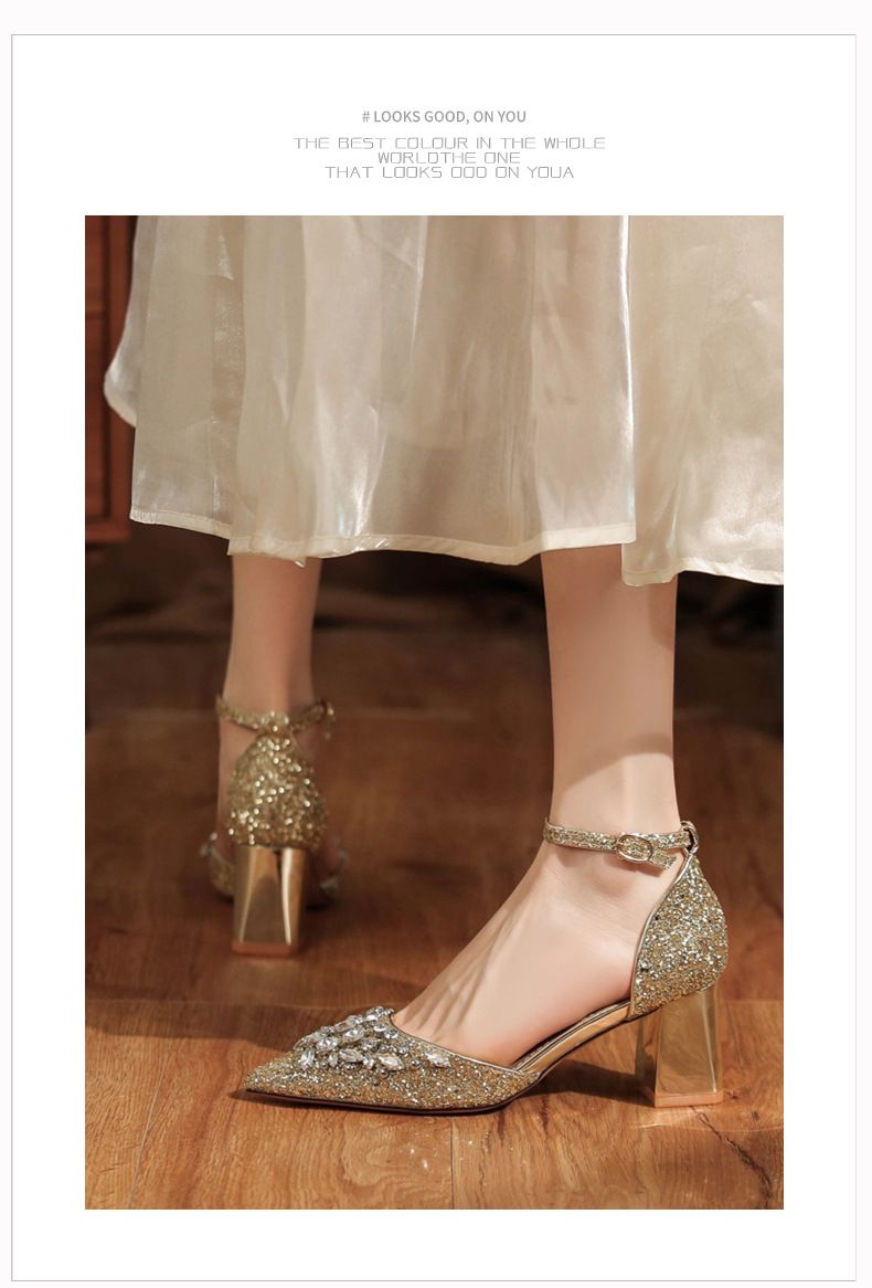 6666-3 Scarpe con tacco grosso, paillettes, strass, fibbia, cinturino singolo, abito da banchetto da sposa, tacchi alti, eleganti glitter_voghion.com