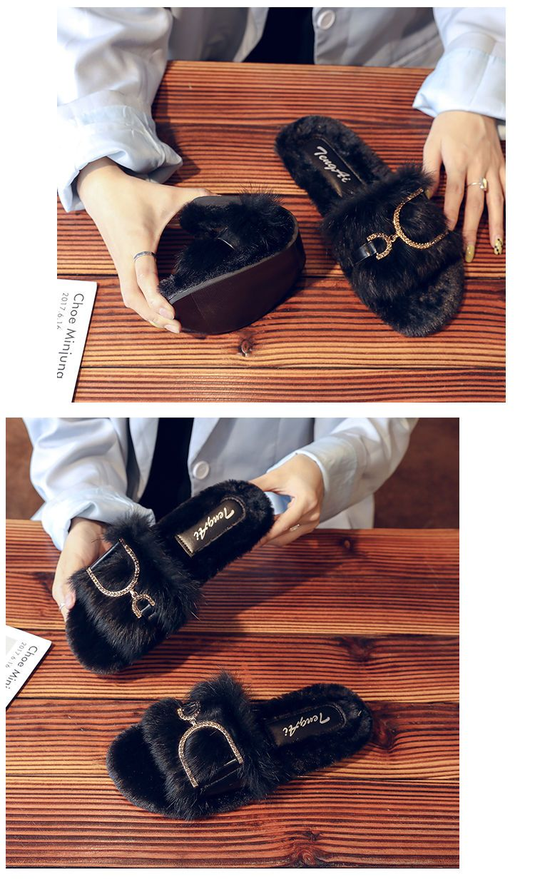 True Rabbit Hair For Female Outwear 2024 Spring And Autumn New Internet Celebrity Fairy Home Flat Bottom Cotton Slippers_voghion.com