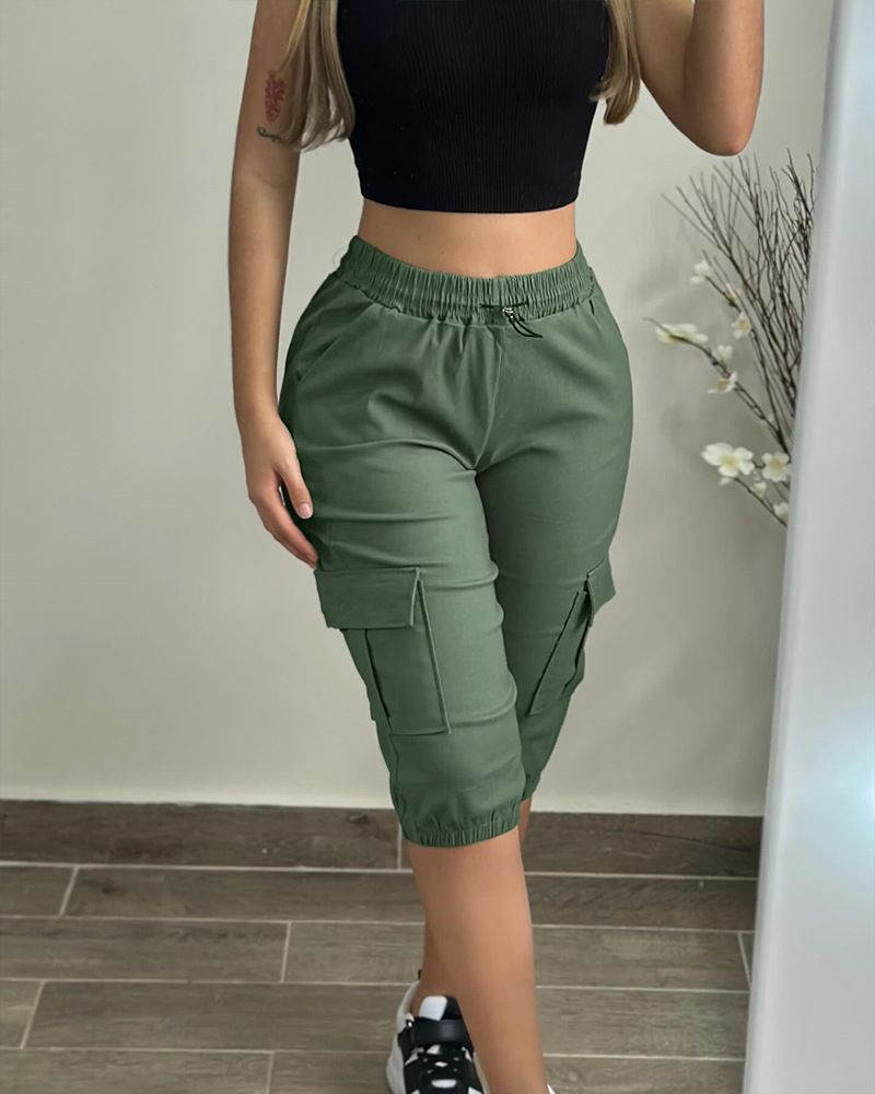 New Tropical Khaki Casual Patch Pocket Elastic Cropped Pants_voghion.com