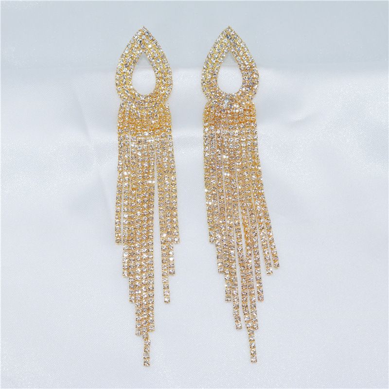 Fashionable hot selling exaggerated rhinestone long tassel with feminine temperament and versatile evening earrings_voghion.com