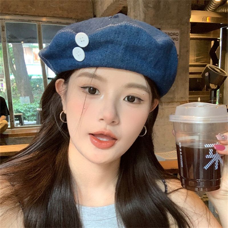 Denim für Frauen Koreanische Version Vielseitige Knopf Baskenmütze Künstler Nischendesign Großer Kopfumfang Hut Gesicht Abnehmen_voghion.com