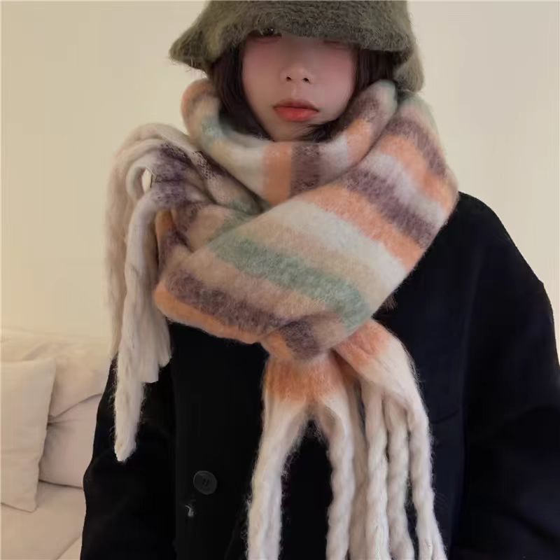 Thousand Bird Grid Scarf for Women, Autumn and New St, Student Versatile, Thickened Warm Scarf, Tassel, Winter Ins_voghion.com