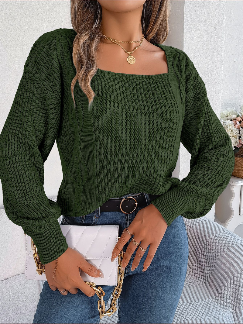 Maglione pullover casual in maglia a trecce con maniche a lanterna, scollo quadrato, tinta unita, autunno inverno 2024_voghion.com