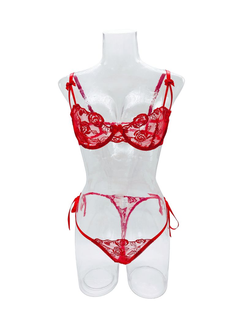 Completo intimo sexy Pure Desire da donna in rete trasparente, stile romantico, perizoma rosso_voghion.com