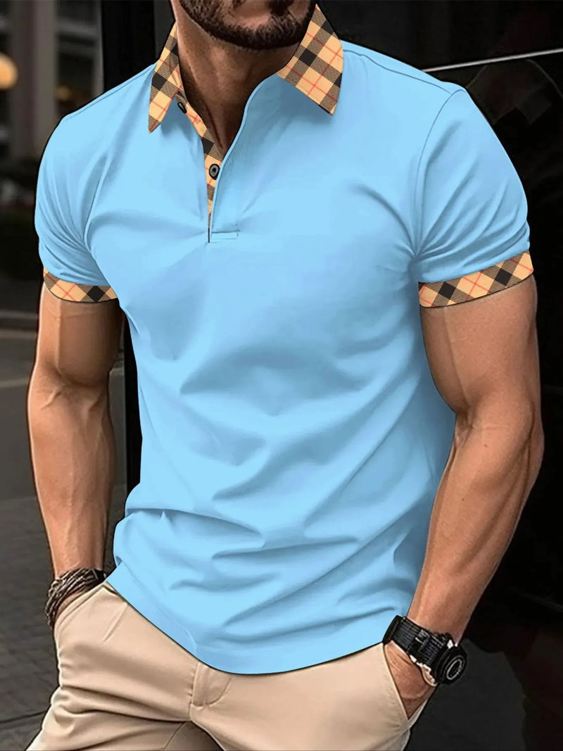 Camisa polo masculina slim fit - gola xadrez casual | Camiseta fashion de manga curta_voghion.com