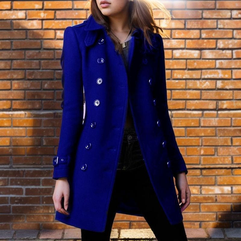 Damenbekleidung Zweireihiger Wollmantel Langer Trenchcoat Mit Taschen Slim Fit Lässige Herbst-Winterjacke_voghion.com