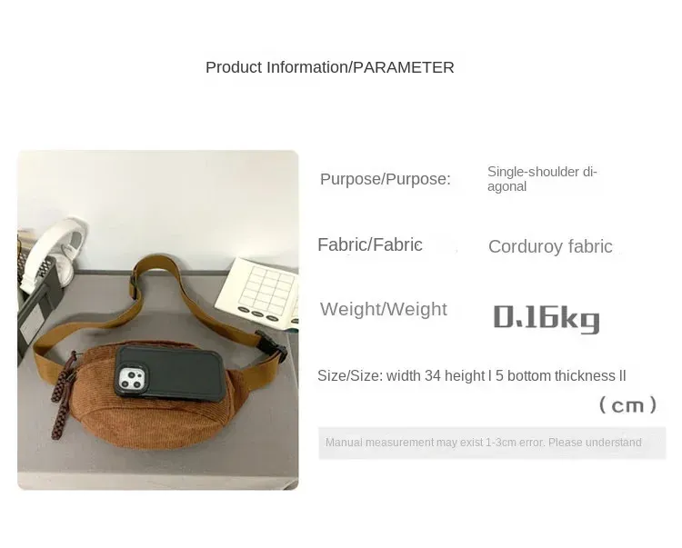 Marsupio da donna, grande capacità, in velluto a coste, stile street, borsa a tracolla, alla moda, cintura casual 250806_voghion.com