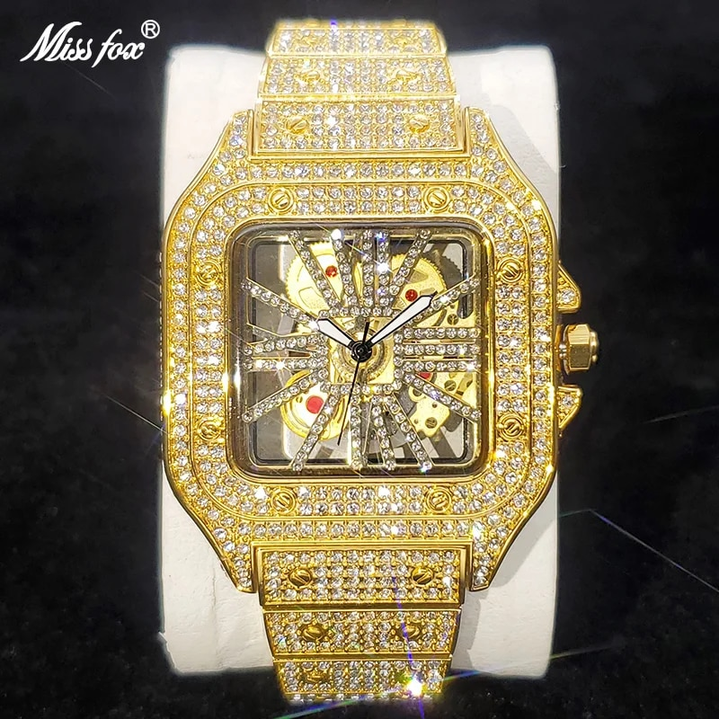 2023 Nové čtvercové hodinky pro muže Originální zlaté hip hopové diamantové náramkové hodinky Iced Out Bling z nerezové oceli vodotěsné hodiny_voghion.com
