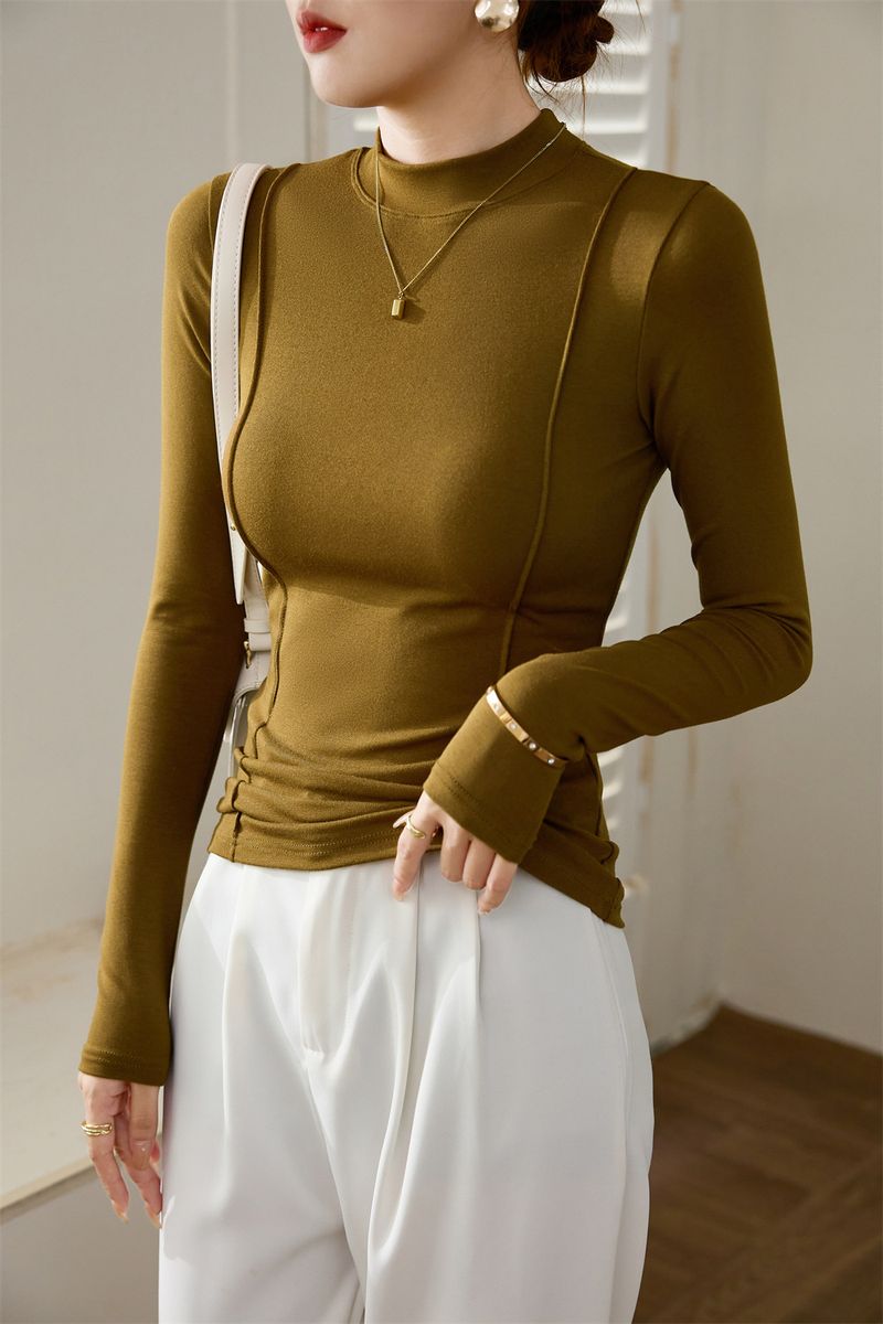 Women's Clothing Maillard high end design 2024 autumn and winter new half high collar T shirt women's long sleeved slim bottoming shirt top trend_voghion.com