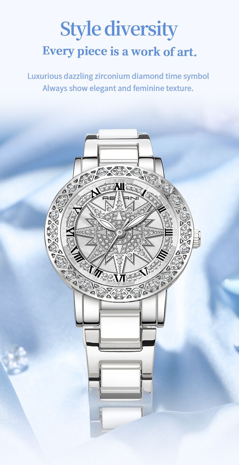 Modische Damenuhr mit Strasssteinen, Keramiklünette und wasserdicht – Elegante Quarzarmbanduhr für Damen, Edelstahlarmband, Mineralglas_voghion.com
