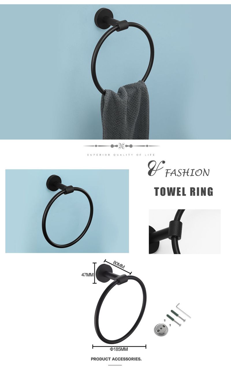 Porte-serviettes transversal noir muet, porte-mouchoirs, crochet à vêtements, brosse de toilette, pot de savon, anneau porte-serviettes, pendentif de salle de bain moleté en acier inoxydable_voghion.com
