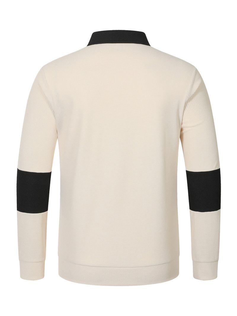 Herren-Poloshirt mit Waffelstrick und Kontrastfarbe, langärmelig – Locker geschnittenes, lässiges Hemd mit Button-Down-Kragen für den Herbst_voghion.com
