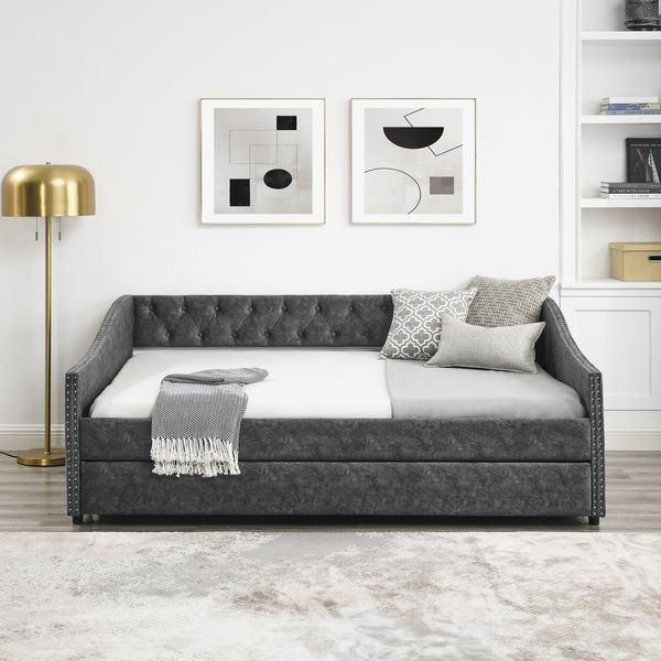 Full Size Daybed With Twin Size Trundle Upholstered Tufted Sofa Bed, With Button On Back And Copper Nail On Waved Shape Arms,Grey (80.5'x55.5'x27.5'_voghion.com