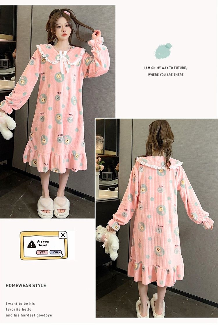 Vêtements de nuit en velours Water Shao pour femmes 2023 Hiver Sweet Ins Jupe de nuit à manches longues mi-longue avec graisse et grande taille_voghion.com