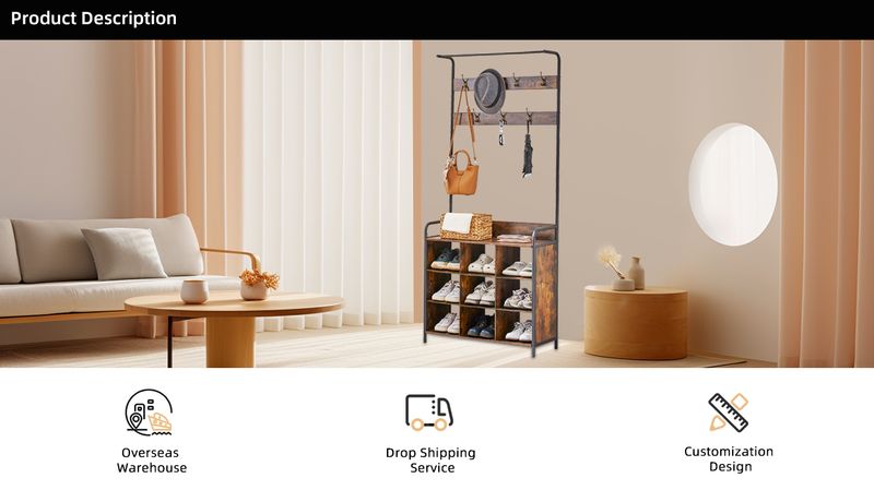 Coat Rack, Hall Tree With Shoe Rack For Entryway, 3-in-1 Entryway Coat Rack And Storage Rack, With 7 Hooks, A Hanging Rod_voghion.com