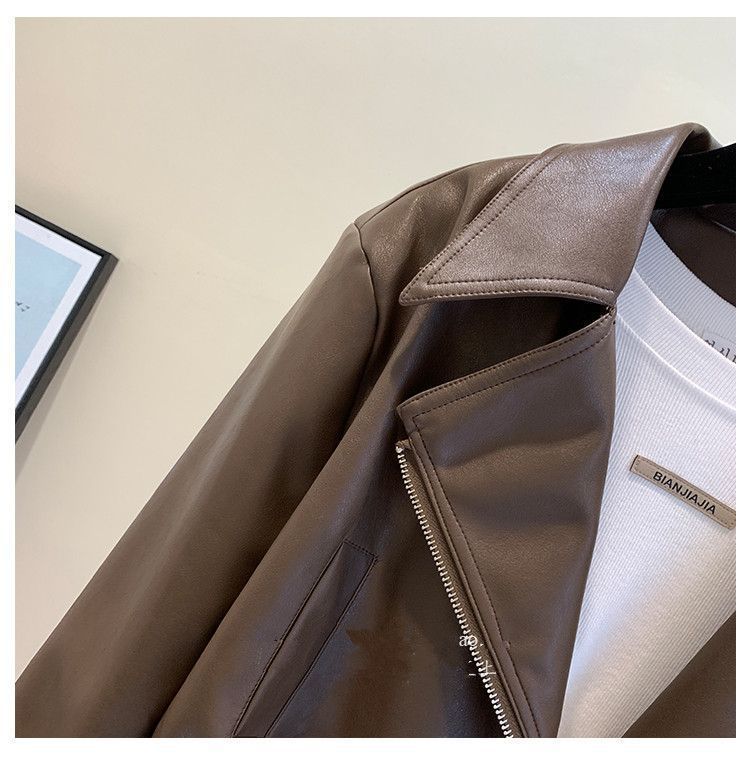 European Style For Women, Fleece-Lined, Autumn New Style, Elegant Turn-Down Collar, Petite Short PU Leather Slimming_voghion.com