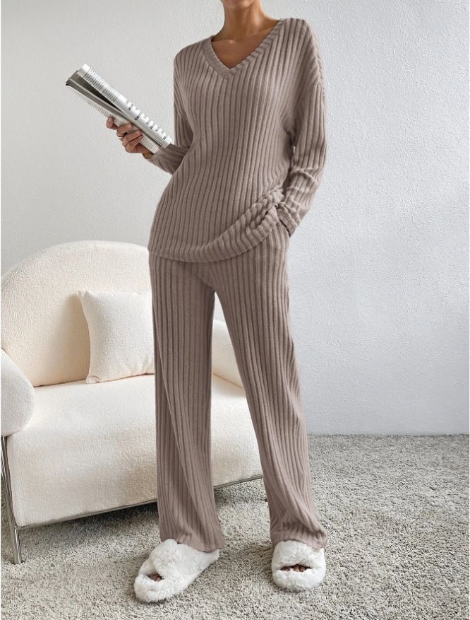 Dameskleding Tweedelig pak Mode Casual Rechte broek Temperament Losse V-hals Gestreept Gebreid Pak_voghion.com