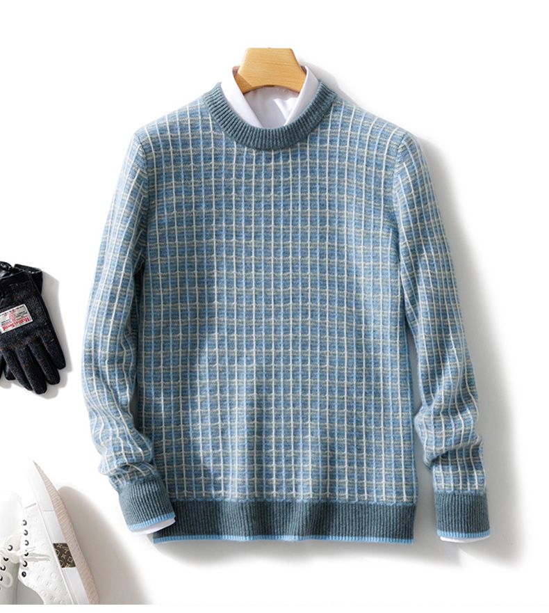 Novo suéter masculino de lã pura para outono e inverno com gola redonda e cor contrastante grossa, malha de cashmere casual para negócios_voghion.com
