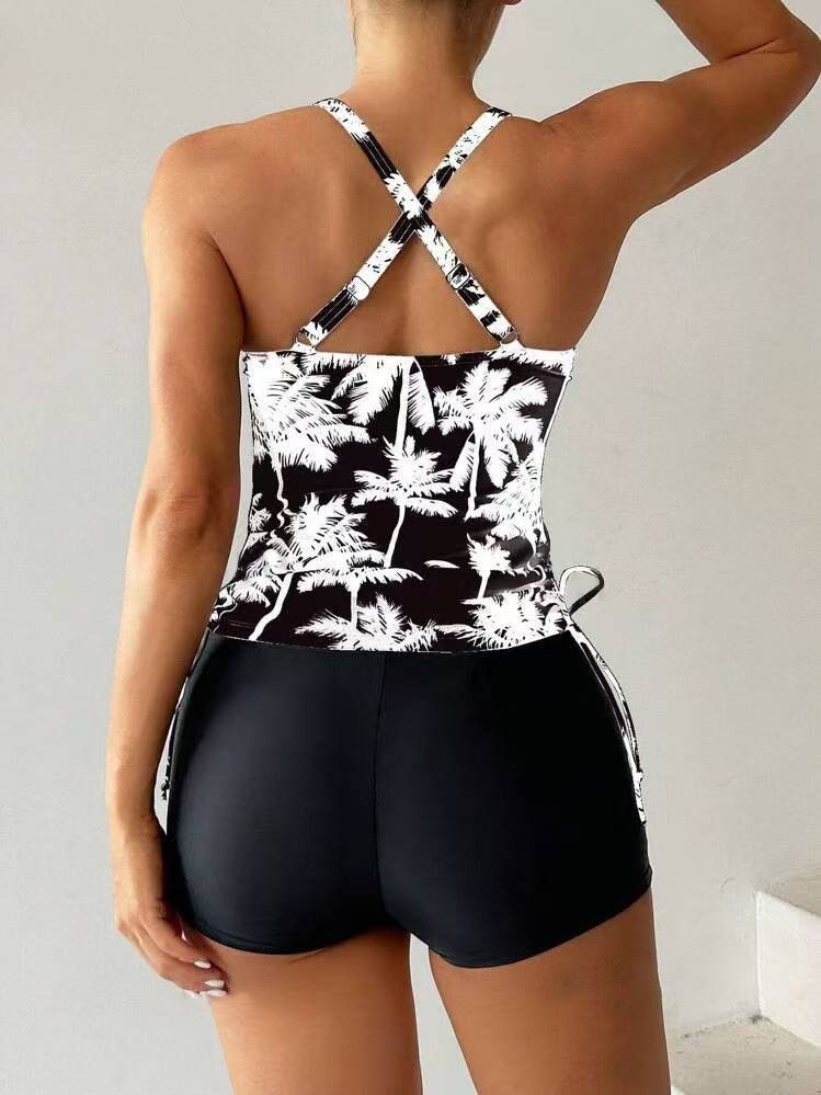 Maillot de bain femme imprimé noix de coco, fente à angle plat, exercice pour couvrir le ventre et paraître mince_voghion.com