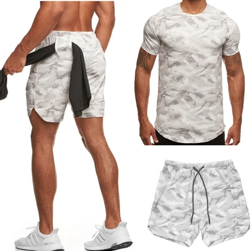 Herren-Shorts, T-Shirt, Sommer, Sport und Fitness, Tarnung, Strandhose, kurzärmeliges zweiteiliges Set_voghion.com