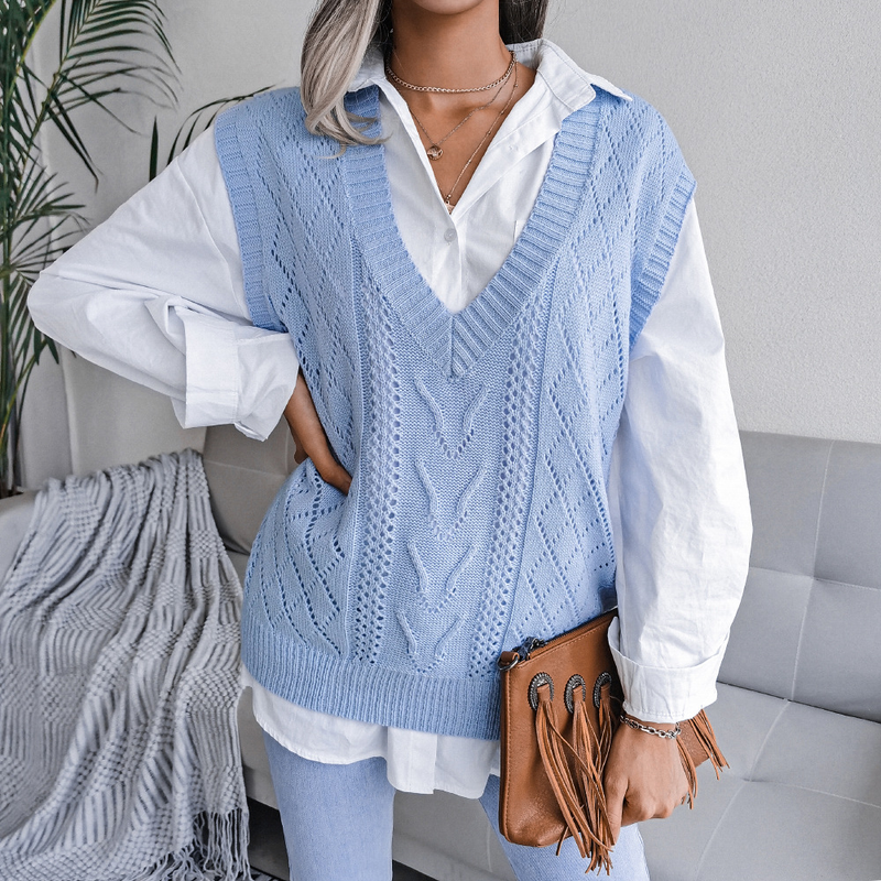 Pull tricoté à col en v pour femme, vêtement style Ins, ajouré et torsadé, collection automne et hiver 2023_voghion.com