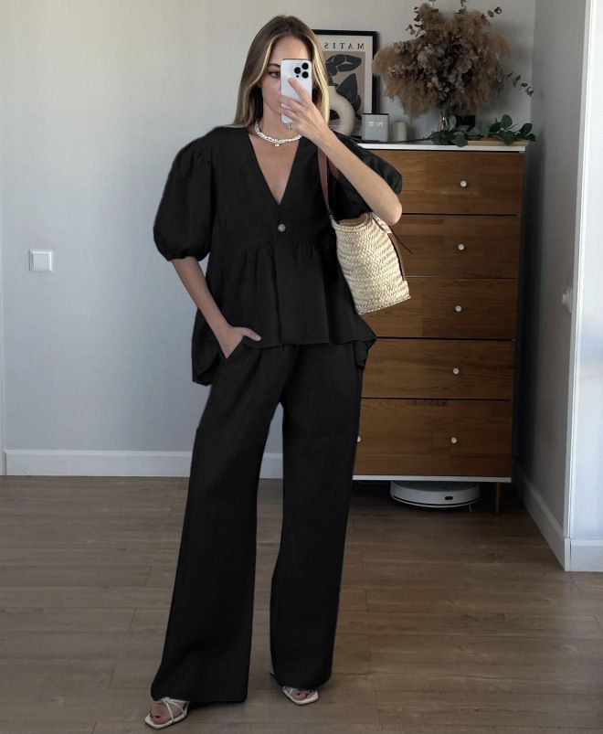 Ensemble 2 pièces pour femme, haut à col en V et pantalon à manches courtes, couleur unie, printemps et été_voghion.com