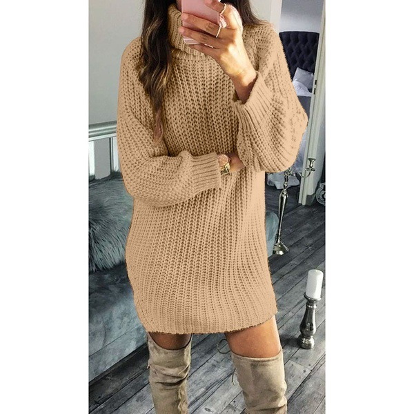 Women's solid color knitted dress autumn and winter pullover women's dress_voghion.com