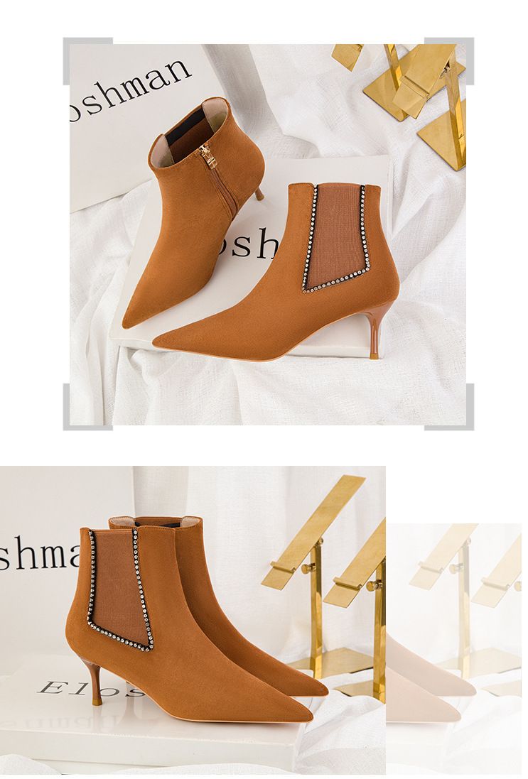 186-8 Moda semplice con tacchi alti sottili, punta affilata, diamante d'acqua lucido, stivali corti e aderenti_voghion.com