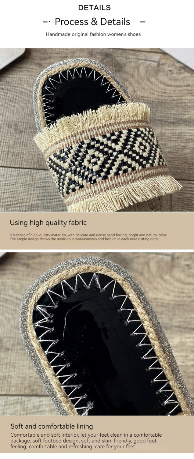 Fengliang Γυναικεία νέα καλοκαιρινά ενδύματα 2024 σε νεράιδα, έθνικ υφασμένο γρασίδι, χαλαρές παντόφλες_voghion.com