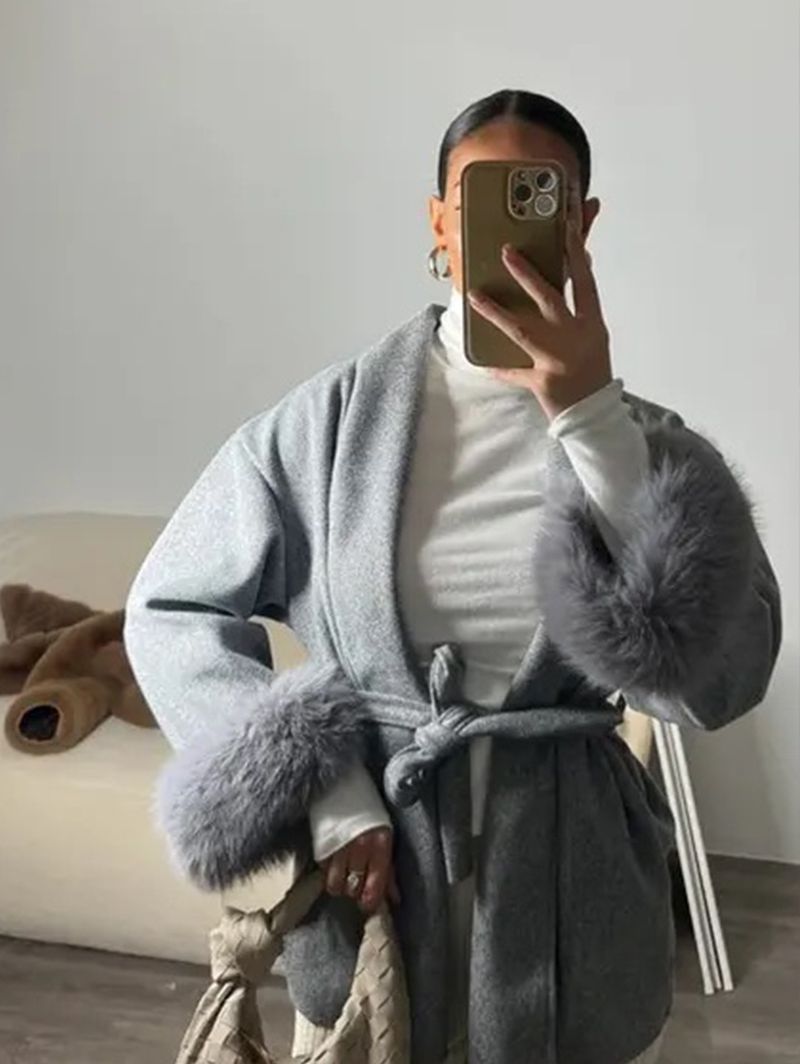 Women's Clothing Autumn And Winter Woolen Coat Short Coat Women's Cuffs Fur V Neck Lace Up Solid Color_voghion.com