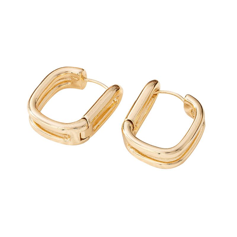 Glänzende, quadratische Ohrclips im minimalistischen Stil aus Metall im europäischen und amerikanischen Stil, zweilagig_voghion.com