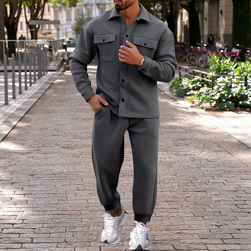 Herren-Set aus gebürsteter Fleecejacke und -hose – Einreihiger Winteranzug (S-XXXL, Schwarz/Grau/Armeegrün)_voghion.com