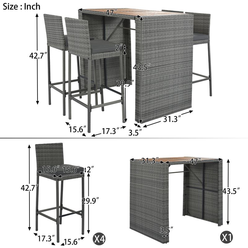 5-pieces Outdoor Patio Wicker Bar Set, Bar Height Chairs With Non-Slip Feet And Fixed Rope, Removable Cushion, Acacia Wood Table Top_voghion.com