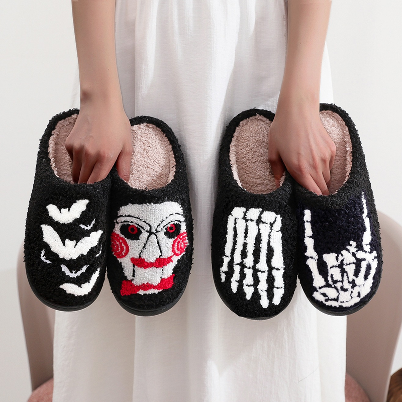 Novità di Halloween per uomo e donna, pantofole invernali in cotone con teschio e faccina sorridente, scarpe taglie forti_voghion.com