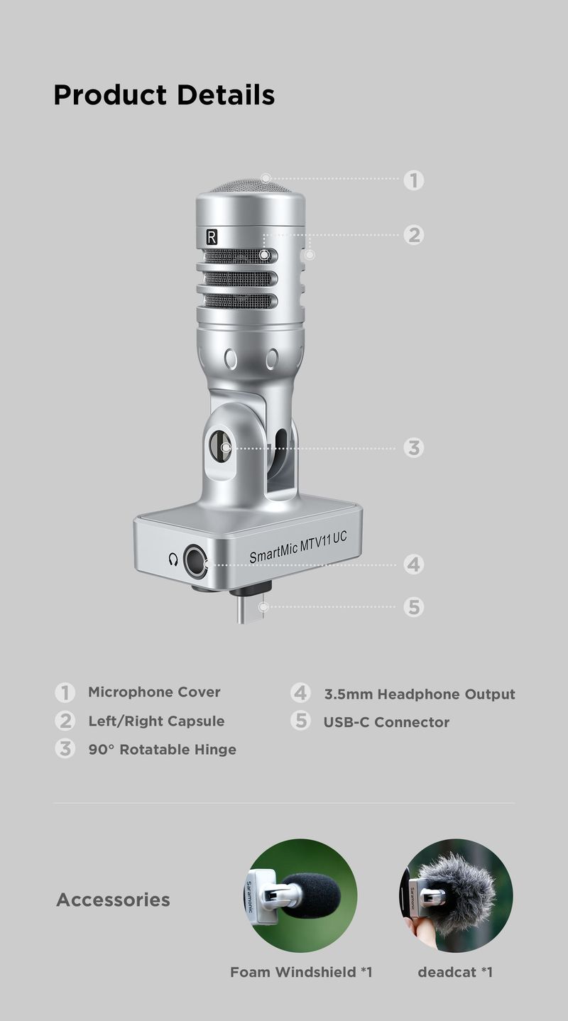 Saramonic SmartMic MTV11 UC/Di Microfono a condensatore Plug And Play per iPhone Android PC Laptop Streaming Youtube_voghion.com