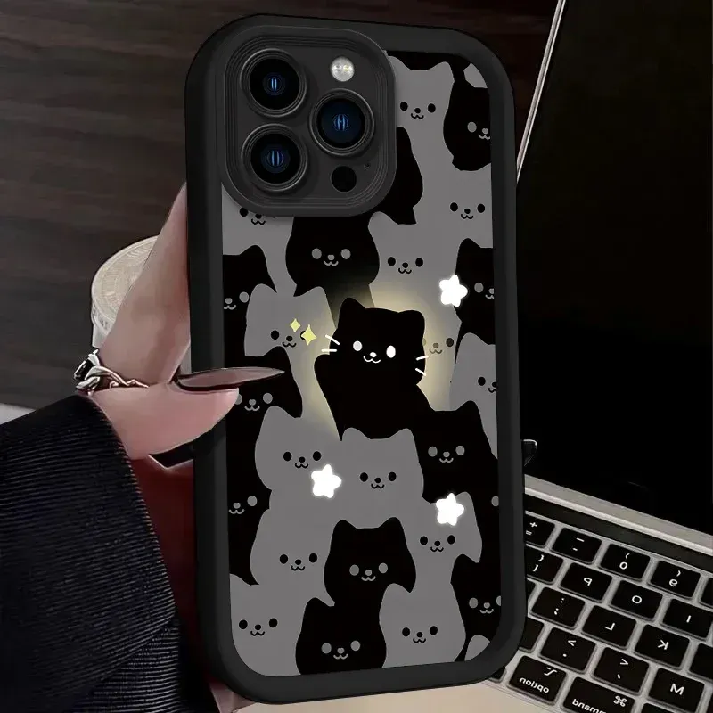 Custodia a forma di gatto con coppia carina per iPhone 15, 16, 14, 13, 12, 11 Pro Max X, XS, XS Max, XR, SE 2020, 7, 8 Plus, cover posteriore in silicone morbido per iPhone 16._voghion.com