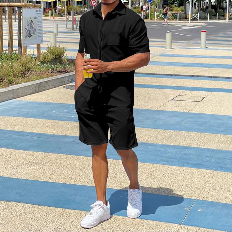 Pantaloncini estivi a maniche corte 2025, con colletto sottile ed elastico su quattro lati, larghi e tinta unita, per uomo_voghion.com