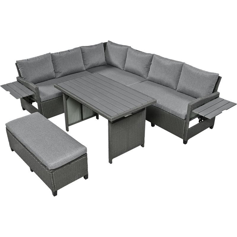 5-Piece Outdoor Patio Rattan Sofa Set; Sectional PE Wicker L-Shaped Garden Furniture Set with 2 Extendable Side Tables; Dining Table and Washable Cove_voghion.com