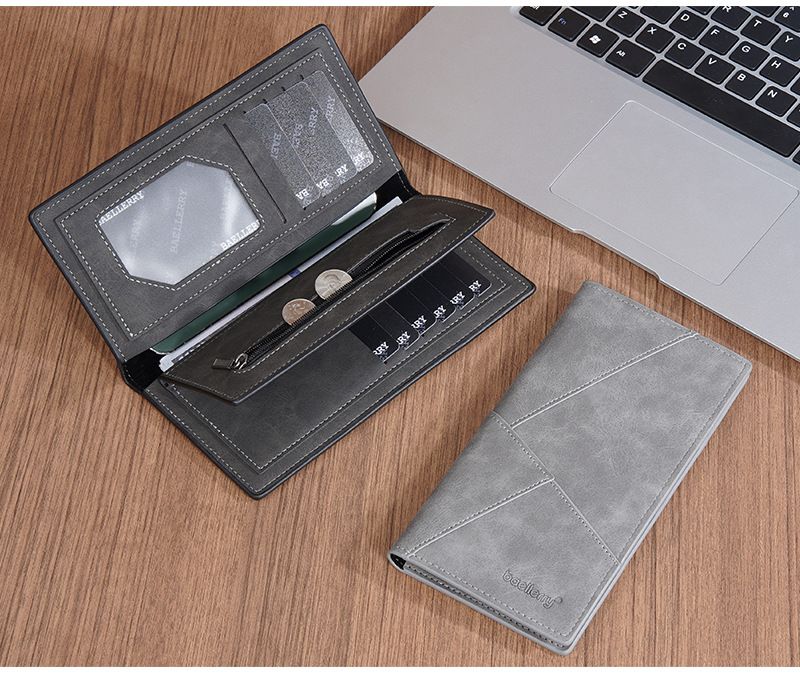 BAELLERRY New Men's Long Wallet With 17 Card Slots, Tri-Fold Design, Minimalist Business Style, Zippered Bill Compartment_voghion.com