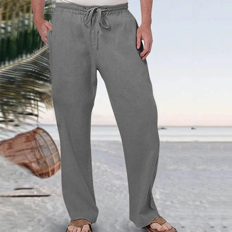 Pantalon respirant hip-hop pour hommes, printemps été 2024, coton et lin, pantalon de sport décontracté ample avec cordon de serrage, couleur unie, pantalon élastique de plage_voghion.com