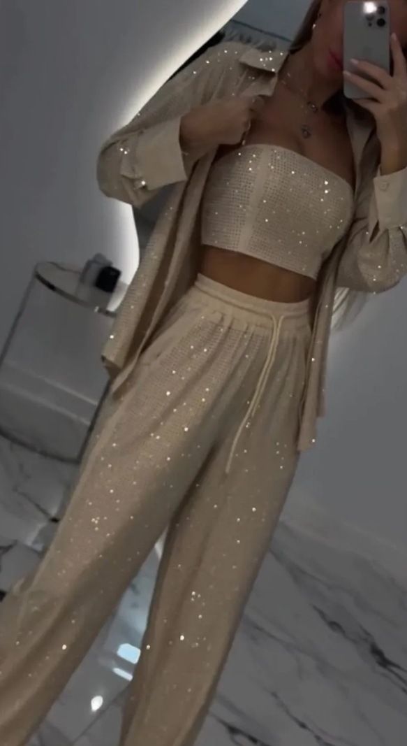 Luxury Trendy Sexy Sequin Long Sleeve Shirt Women 3 Pieces Set Shiny Wide Leg Pants Outfits Party Lady Gown Vacation Pant Suit_voghion.com