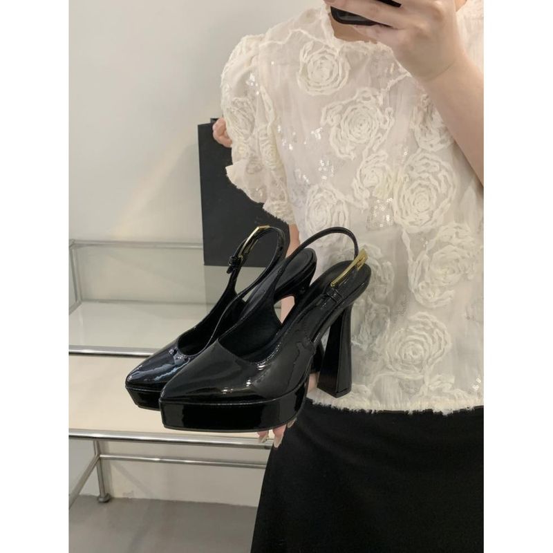 2025 Summer New Dwarf Pointed Toe Waterproof Platforms Super High Heels Large Buckle Solid Color Matching Patent Leather Fashionable Exquisite_voghion.com