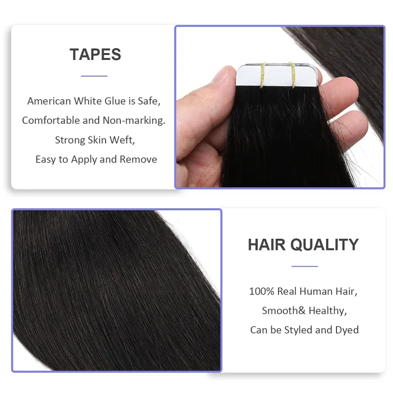 Extensiones de cabello con cinta adhesiva recta Cabello humano real Trama de piel Cabello con cinta adhesiva_voghion.com