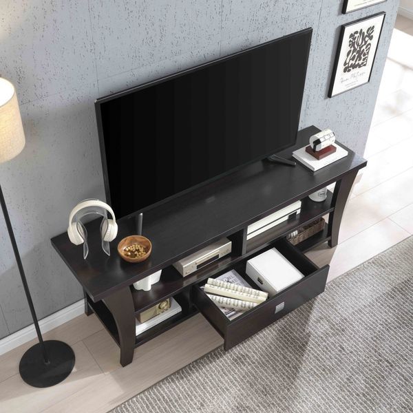 TV Stand Cabinet With Curved Legs One Drawers On Metal Glides Metal Square Handle Modern Design Divided Shelf Two Cubbies_voghion.com