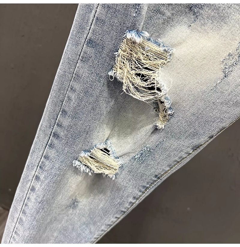 Dünne, elastische, zerrissene 2025 Sommer-Slim-Fit-Jeans mit Rüschen und hübscher verkürzter Passform, trendige Herren-Pelzkante mit kleinem Bein_voghion.com